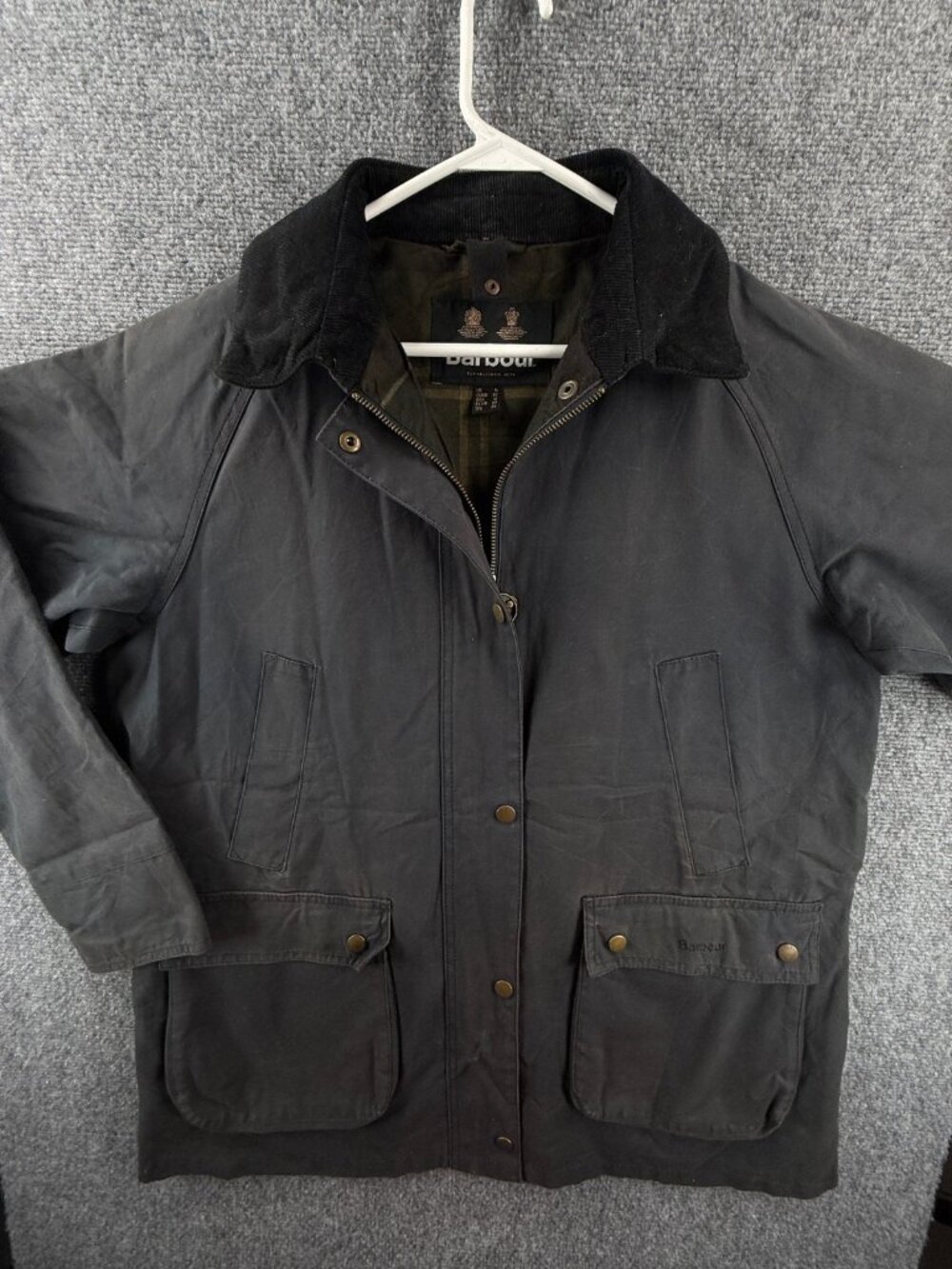 Barbour ACORN Wax Jacket Women Blue Collared Zip Canvas Size 12 US Outdoors